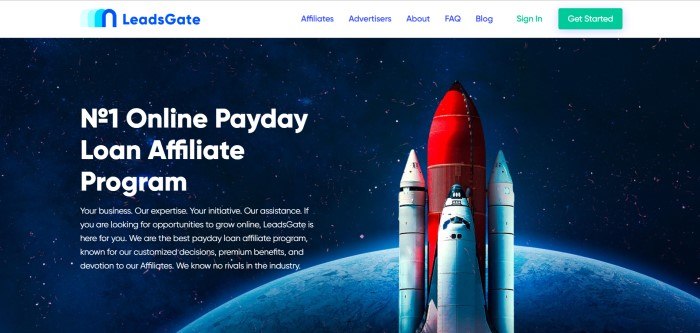 This screenshot of the home page for LeadsGate shows a red rocket carrying three shuttles into space past a blue planet, with text in white lettering to the left side of the page.