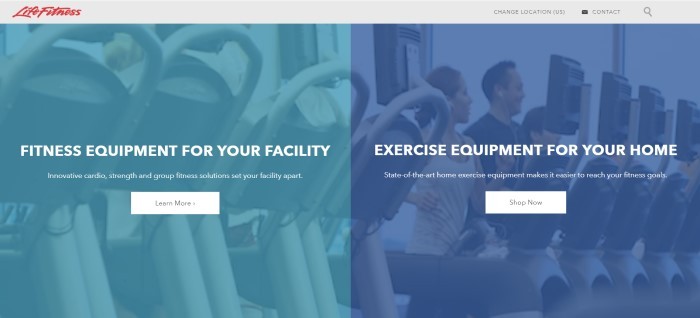 This screenshot of the home page for Life Fitness shows a teal-filtered photo of exercise equipment on the left and a blue-filtered photograph of people working out on the right, with white words indicating that the gym equipment can be purchased for home or commercial use. 