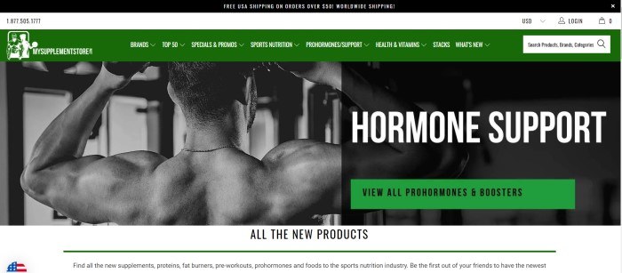 This screenshot of the home page for My Supplement Store shows a black and white photo of a shirtless man facing away from the camera as he works out, along with white text and green navigation bars with black text introducing prohormones supplements. 