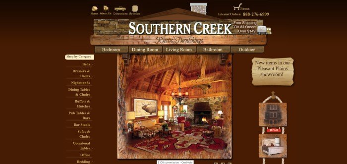 This screenshot of the home page for Southern Creek Furniture shows a cabin living room with rustic furniture made by Southern Creek, a red rug, and wooden rafters in the ceiling.