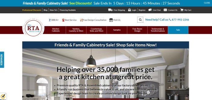 This screenshot of the home page for The RTA Store has a maroon header and a narrow blue banner-type announcement for a friends-and-family sale over a photo of an enormous kitchen with finely detailed ivory cabinets and walls along with white crown molding and finishing with an advertisement in black text for RTA cabinets.