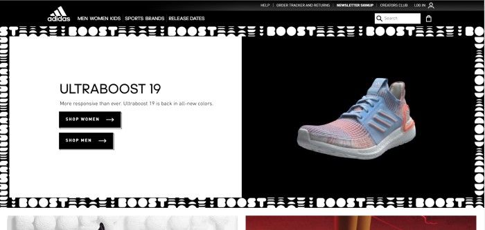 This screenshot of the homepage for Adidas shows a white background on the left, with black text announcing a new Boost sneaker, and a background on the right with a photo of the multicolored sneaker.