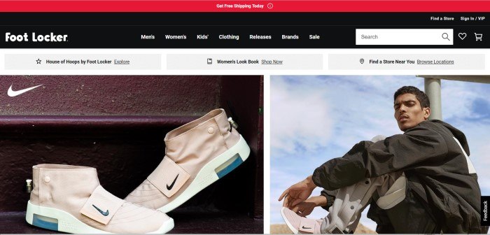 This screenshot of the homepage for Foot Locker shows two side by side photos, with the one on the left zeroing in on a pair of beige Nike sneakers, and the one on the right showing a man in a black jacket and beige pants wearing those sneakers.