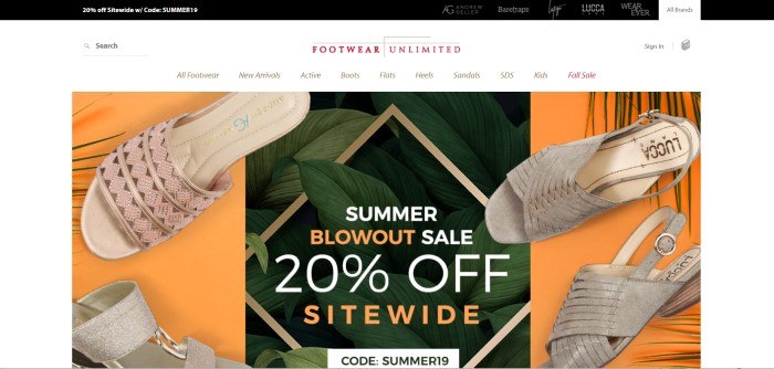 This screenshot of the homepage for Footwear Unlimited has an orange background with various sandals and an announcement for a 20% off summer sale on sandals.