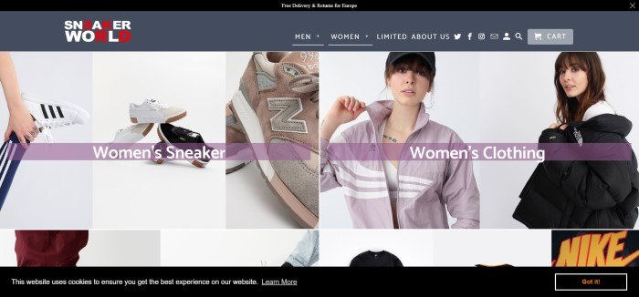 This screenshot of the homepage for Sneakerworld shows a collage of women's sneakers and apparel on a mostly white background.