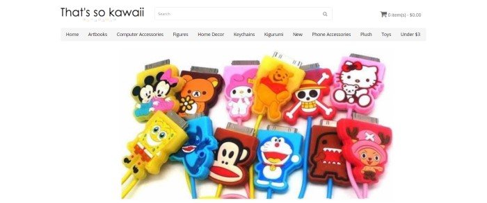  This screenshot of the homepage for That's So Kawaii shows a variety of kawaii mascot USB cords.