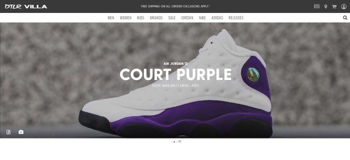 This screenshot of the homepage for DTLR Villa shows one white and purple Air Jordan sneaker in front of a beige background.