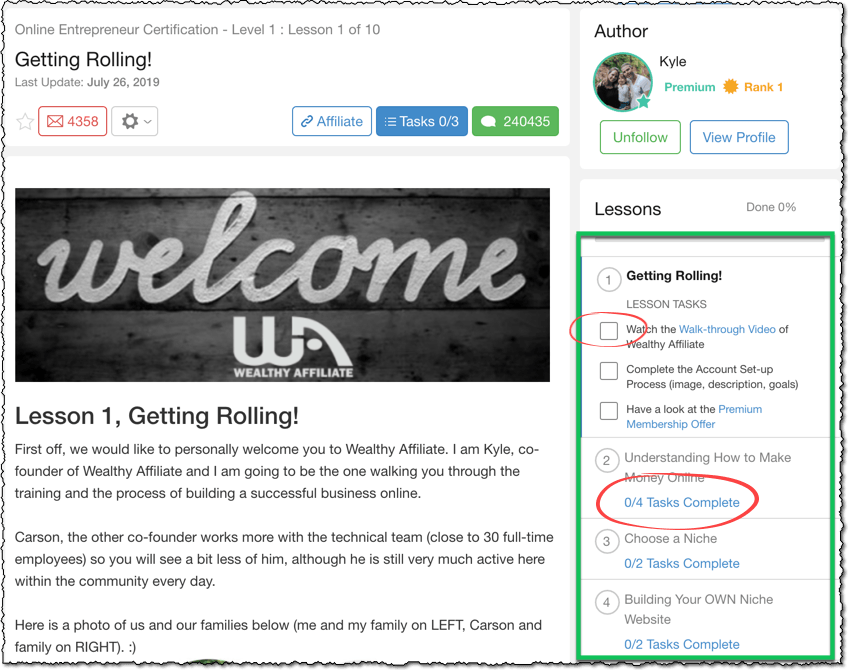 wealthy affiliate lesson tasks