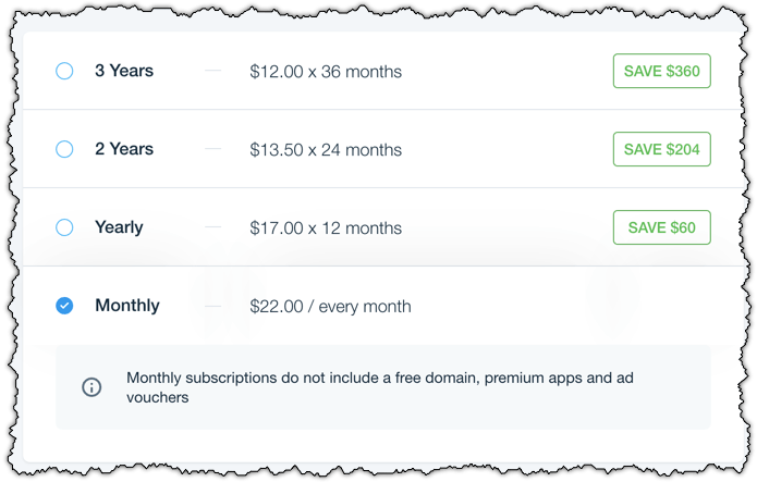 wix deceptive pricing table showing yearly vs monthly costs