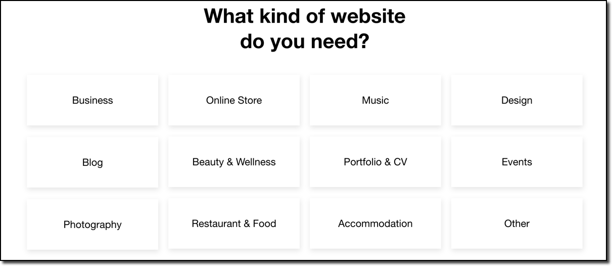 wix prompt asking what type of website we are building