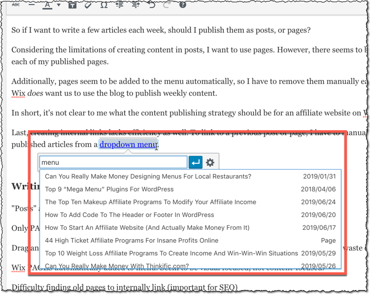 wordpress internal linking dropdown menu