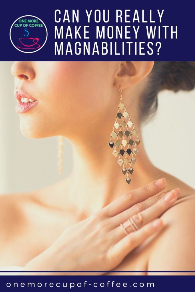 closeup image of a model's face and shoulder showing an earring and a ring; with text at the top in blue banner 