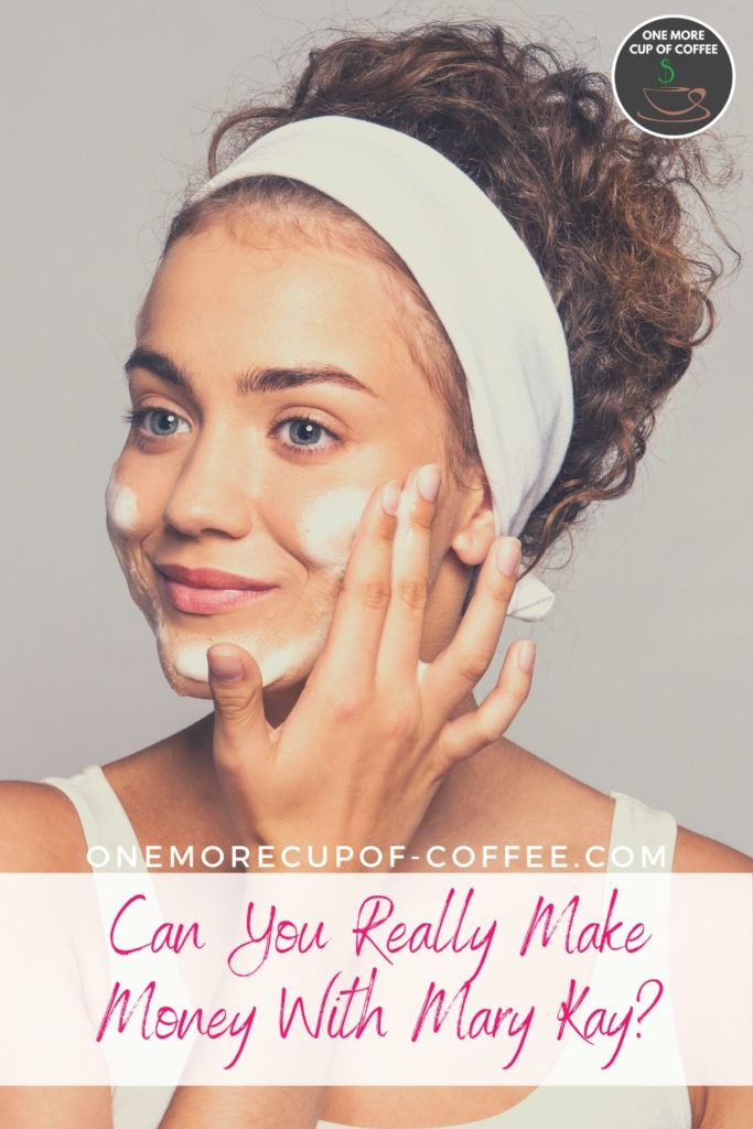 closeup image of a woman's face, in white tank top and white headband, applying foamy facial cleaner; with text overlay 