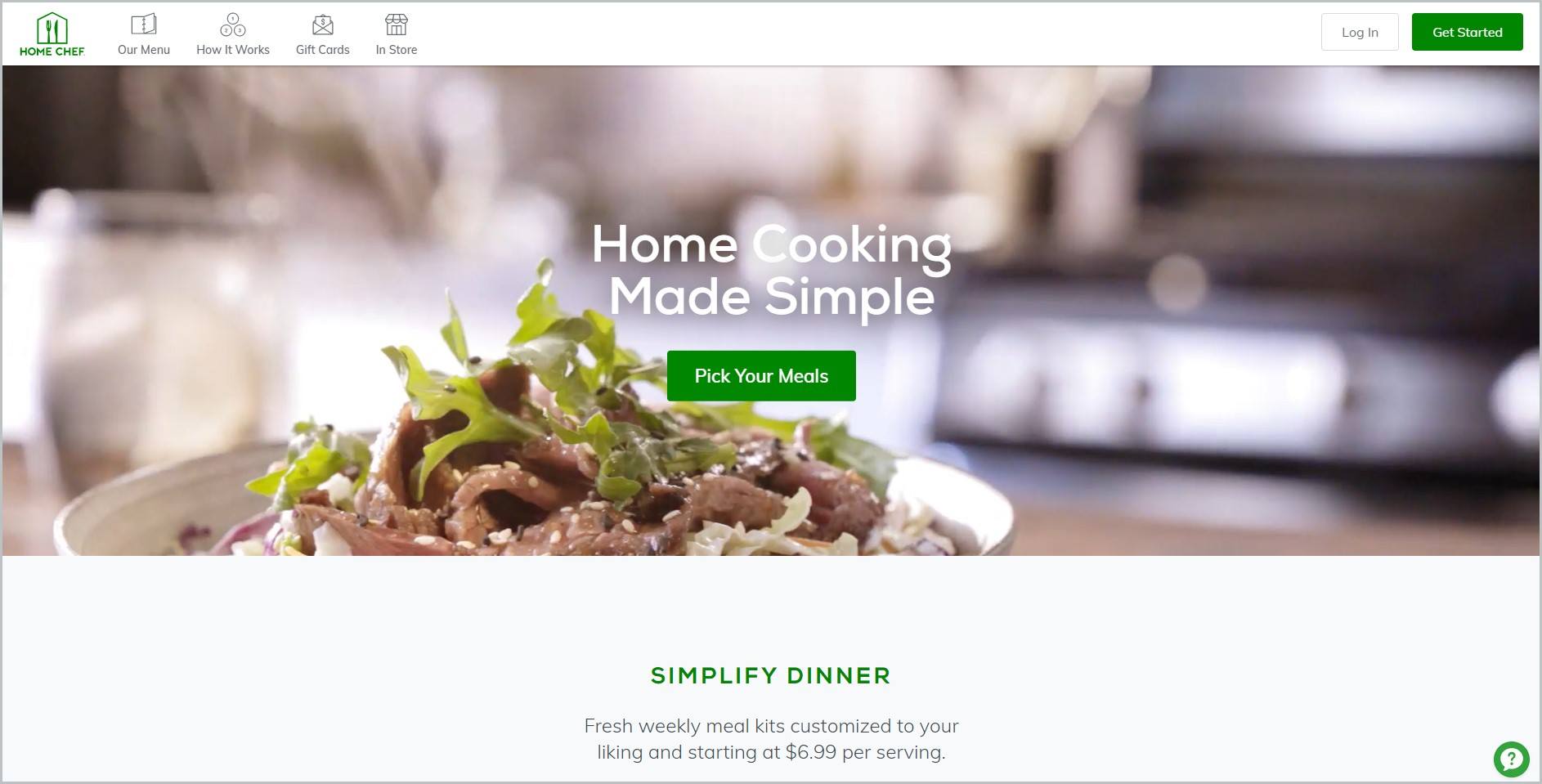 screenshot of Home Chef homepage with a picture of beautifully plated dish for main image