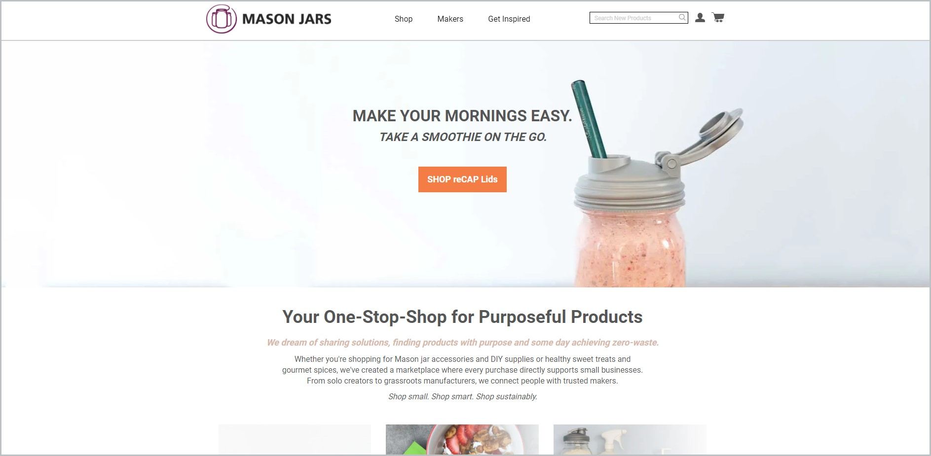 screenshot of Mason Jars homepage, with white header bearing the website's name and main navigation menu, it also showcases a mason jar with lid and straw for main image