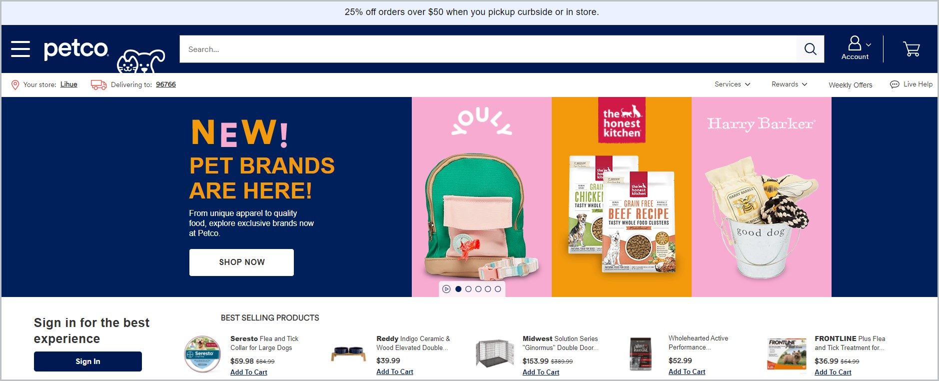 screenshot of Petco homepage showcasing different products