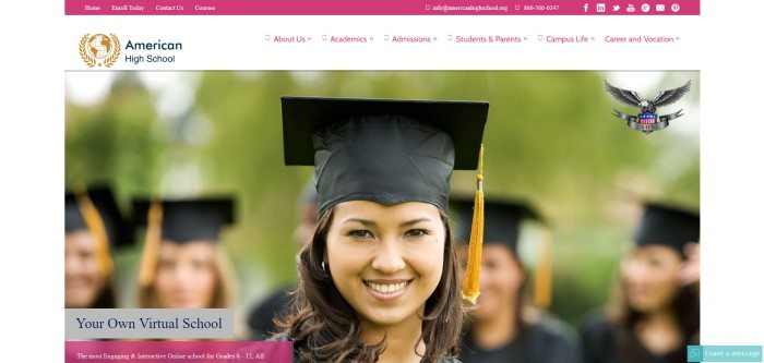 This screenshot of the home page for American High School has a maroon header with white text and a large photo of a smiling woman in a graduation cap and gown in front of a blurred background showing a line of other graduates.