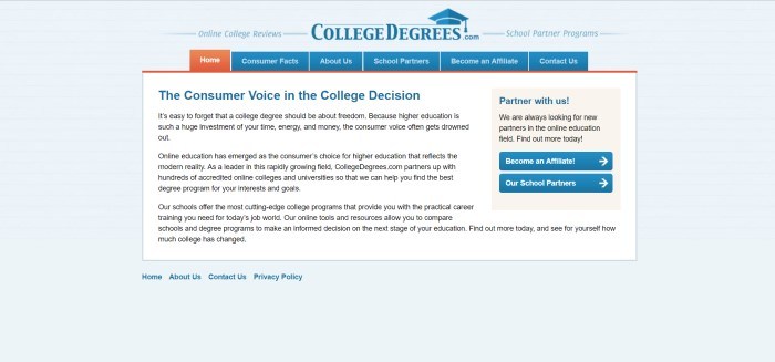 This screenshot of the home page for College Degrees has a background that appears to be light blue lined paper, with a blue and orange navigation bar above a white text box that tells more about the company, next to an opt-in window with blue call-to-action buttons inviting readers to become affiliates or school partners.