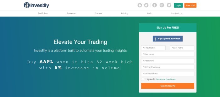 This screenshot of the home page for Investfly shows a white header and navigation bar above a graded green background with white words reading 'elevate your trading' and an opt-in window on the right side of the page. 