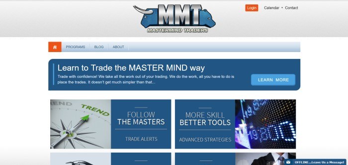 This screenshot of the home page for Mastermind Traders includes a gray and white diagonally striped header with the Mastermind logo, and a dark blue banner with white text inviting shoppers to learn to trade with Mastermind tools, along with two columns of photos with side boxes in dark blue announcing trade alerts from industry masters and advanced strategies. 