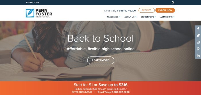  This screenshot of the home page for Penn Foster High School shows a photo of a young woman lying on her bed doing homework, along with an orange sales bar at the bottom of the page and a white header with the logo and contact information at the top of the page.