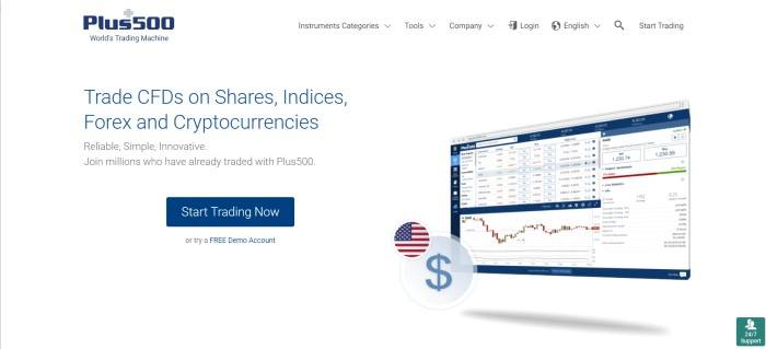 This screenshot of the home page for Plus 500 has a plain white background with black and blue text announcing some of the features of Plus 500, along with a photo of a laptop computer on the right side of the page that appears to have a data chart on its screen.