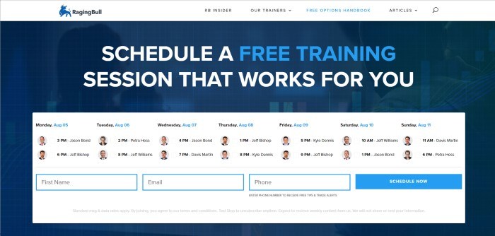 This screenshot of the home page for Raging Bull has a white background with dark blue accents, photos of people who have signed up for a free training, and an invitation in white and blue text to schedule a free training session.