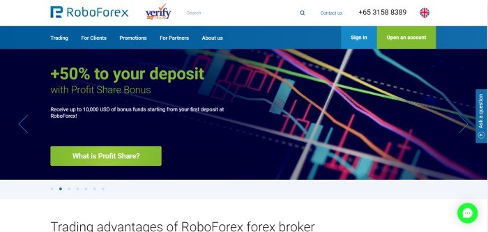 This screenshot of the home page for RoboForex includes contact information at the top, a blue navigation bar, and a dark photo of what looks like an electronic graph or chart, along with an invitation in green lettering to join RoboForex's profit sharing program.