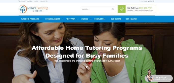  This screenshot of the home page for School Tutoring Academy has a white header and a blue navigation bar above a large photo of one woman tutoring another, behind white text announcing affordable tutoring services.