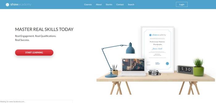 This screenshot of the home page for Shaw Academy shows a blue header above a page with a white background and black text reading 'Master new skills' and a table with a lamp, a camera, a laptop computer, and a large framed diploma in photography from Shaw Academy.