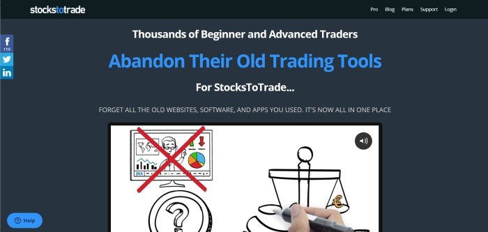 This screenshot of the home page for StockstoTrade shows a dark background with blue and white text explaining that many traders switch to StockstoTrade, and shows a video clip of a hand sketching out illustrations on a white background about how StockstoTrade products work.