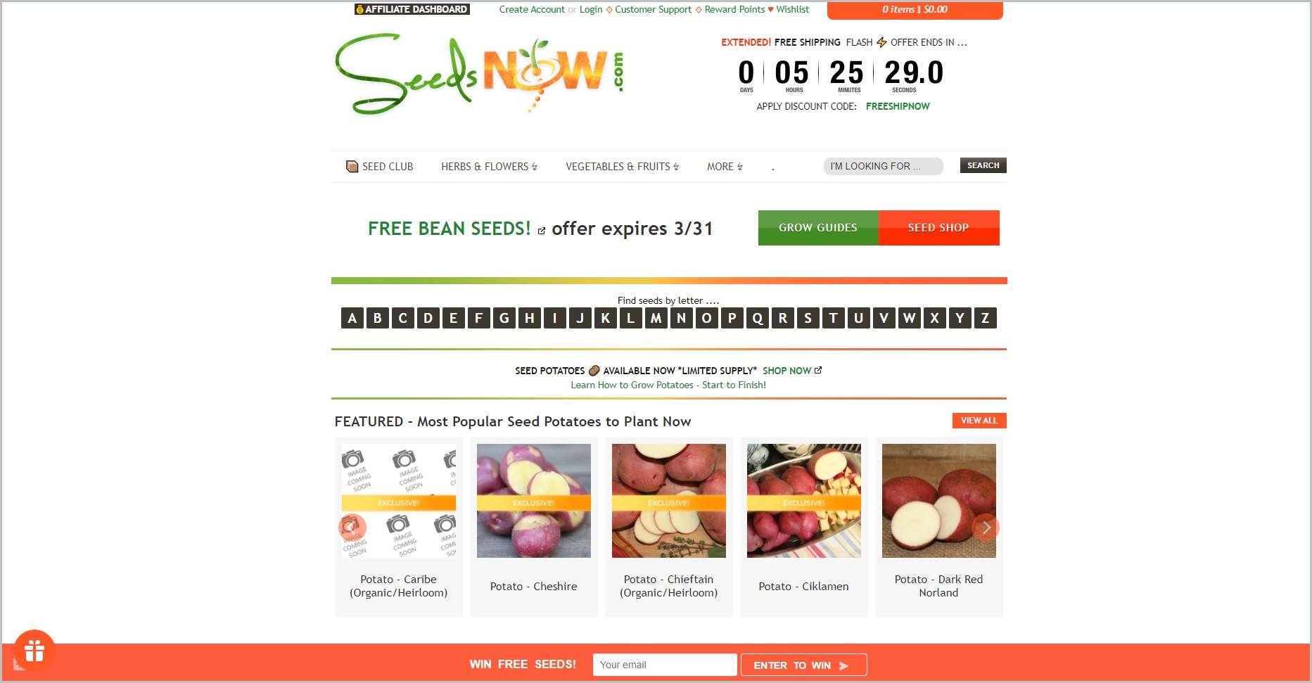 screenshot of SeedsNow homepage with a white header bearing the website's name and days counter for the flash sale, underneath is the main navigation menu, it also showcases images of some of their products