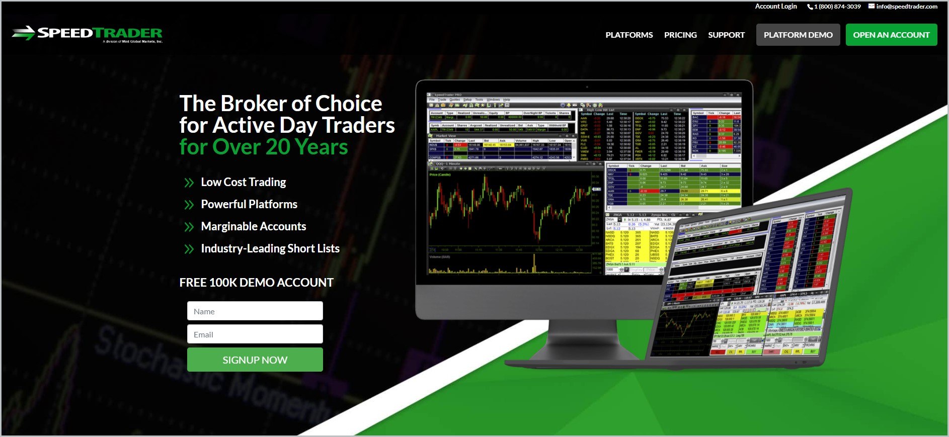 screenshot of SpeedTrader homepage showcasing an image of one of their trading platforms