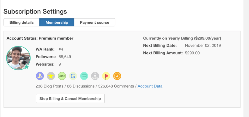 Wealthy Affiliate Subscription Settings screenshot