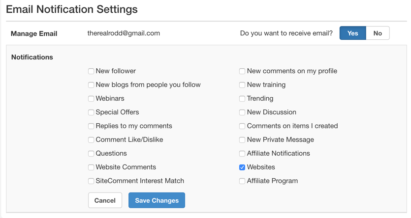 Wealthy Affiliate email settings screenshot