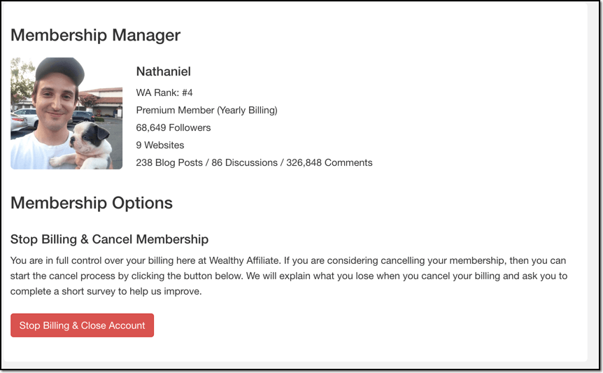 cancel wealthy affiliate membership screenshot