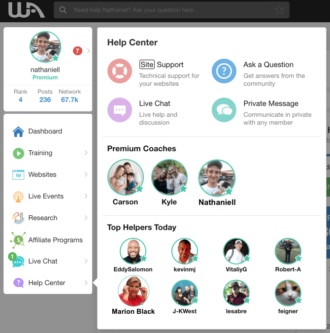 help center screenshot showing ways to get support in wealthy affiliate