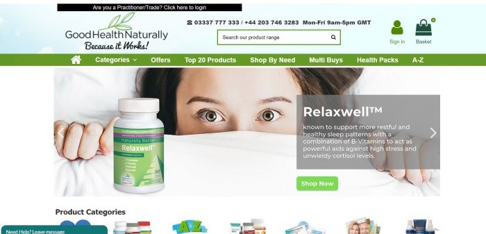  This screenshot of the home page for Good Health Naturally has a header with a background that looks like a blue summer sky with clouds, above a page with a pale green background and a photo of a woman who is lying on a bed, holding a white sheet up above her nose, so that all is visible are her eyes and the top of her head, behind a bottle of RelaxWell supplements and a gray text box with an advertisement for RelaxWell.