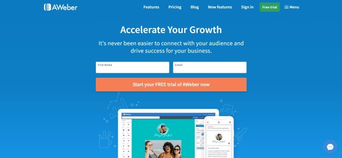  This screenshot of the home page for AWeber has a blue background and an opt-in section with an orange call-to-action button, along with white text inviting customers to accelerate their growth.