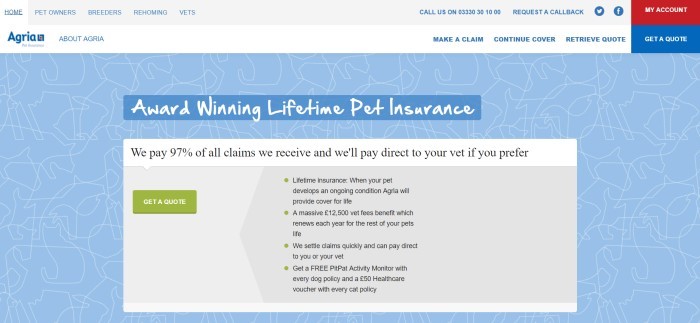 This screenshot of the home page for Agria has a blue background with white outlines of dogs, cats, and rabbits, along with white text announcing Agria's award-winning pet insurance and an invitation in a white box with a green call-to-action button for requesting a quote.