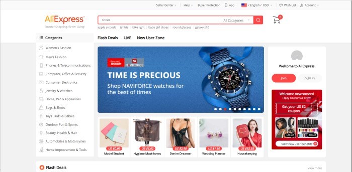 This screenshot of the home page for AliExpress has a white background, with shopping categories such as fashion, electronics, and outdoors running down the left side of the page, while the middle of the page contains product photos and advertisements for those products, and the right side contains a box for getting coupons and an opt-in window for registering an account with AliExpress.