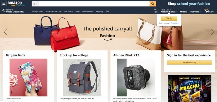 This screenshot of the home page for Amazon has a black header with the Amazon logo and sign-in link, above a mostly beige background with white boxes containing photos and advertising copy for a variety of different products on Amazon, including a purse called 'The polished carryall.'