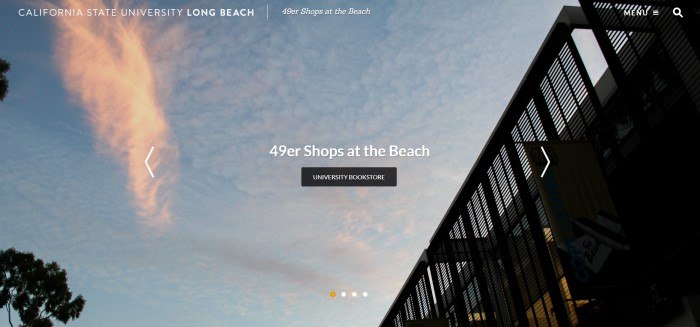 This screenshot of the home page for California State University – Long Beach Fortyniners Shop shows a view of an evening sky with pink-tinted clouds, along with a view of the top of the building where the Fortyniners Shop is located, behind text that reads '49er shops at the beach' and a call-to-action bar in black that leads to the university bookstore.