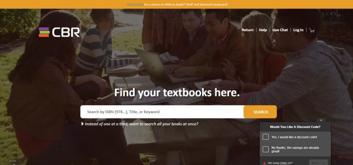  This screenshot of Campus Book Rentals has a background of a video still-shot, dark filtered, of several college students laughing and talking around a picnic table outside, behind text in white lettering that reads 'Find your textbooks here' and a white opt-in bar with an orange call-to-action section.