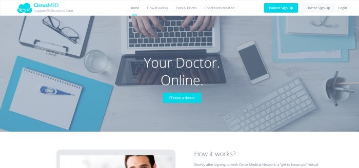 The screenshot for Cirrus Medical Network has a white background with an overhead view of hands typing on a keyboard in what appears to be a medical facility, behind words in white lettering reading 'Your doctor, online.'