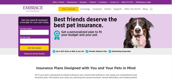 This screenshot of the home page for Embrace Pet Insurance has a purple background, a purple opt-in box with a gold call-to-action button, and a photo of a black, brown, and white dog next to black text describing how best pets deserve the best pet insurance.