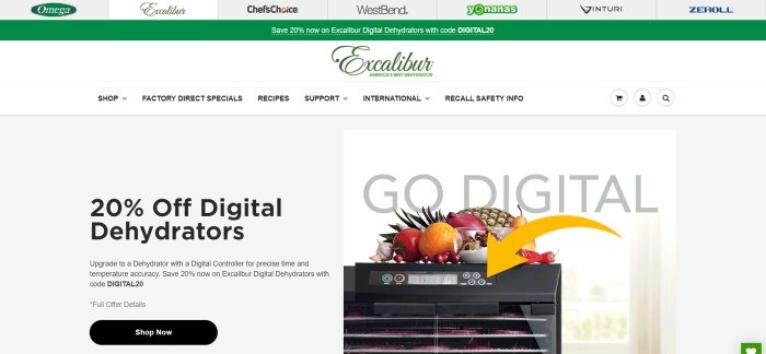 This screenshot of the home page for Excalibur has a white background, a gray section on the left advertising digital dehydrators, and a photo of a digital dehydrator on the right.