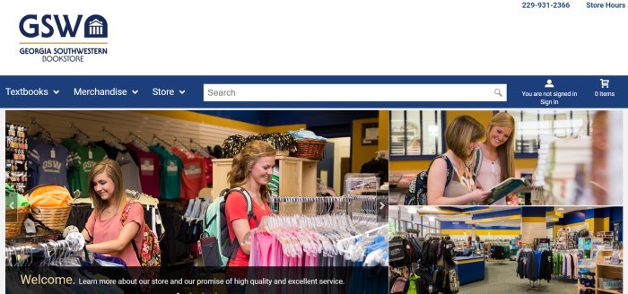 This screenshot of the home page for Georgia Southwestern State University shows several pictures of college students browsing through apparel and supplies in the bookstore, below a blue navigation bar.