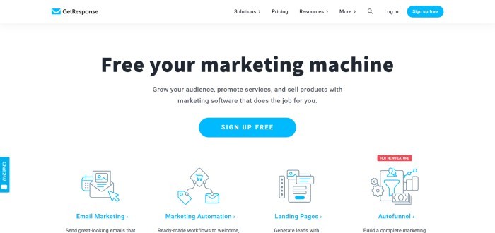 This screenshot of the home page for GetResponse has a white background with blue and black text inviting customers to free their marketing machines and showing graphics for tools like email automation, marketing automation, and funnels. 