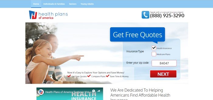  This screenshot of the home page for Health Plans of America includes a white background, a photo of a mother and daughter looking off in the distance together, and a pale blue opt-in box where customers can get insurance quotes, along with a red call-to-action button.